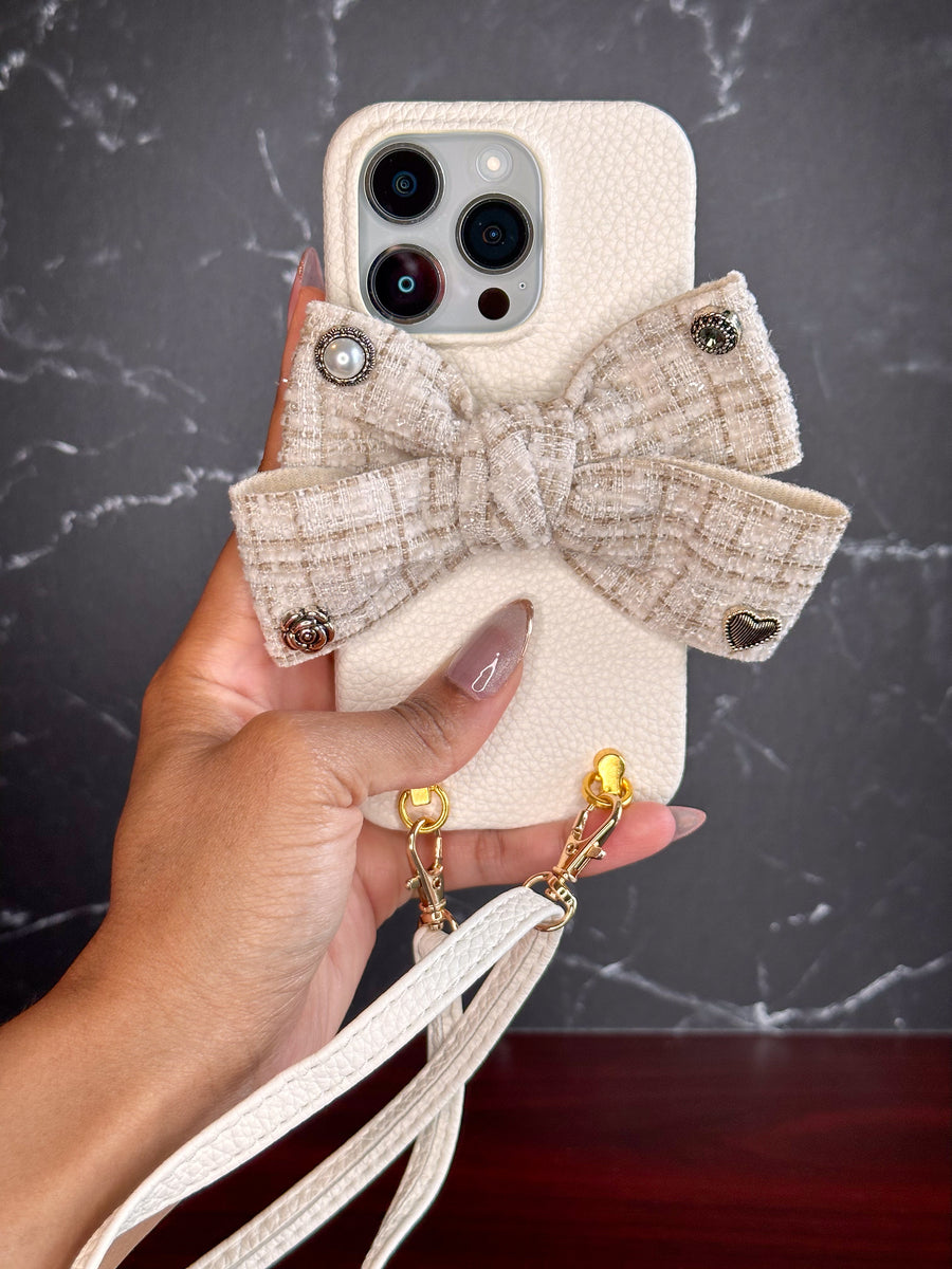 Leather Crossbody Tweed Bow Phone Case