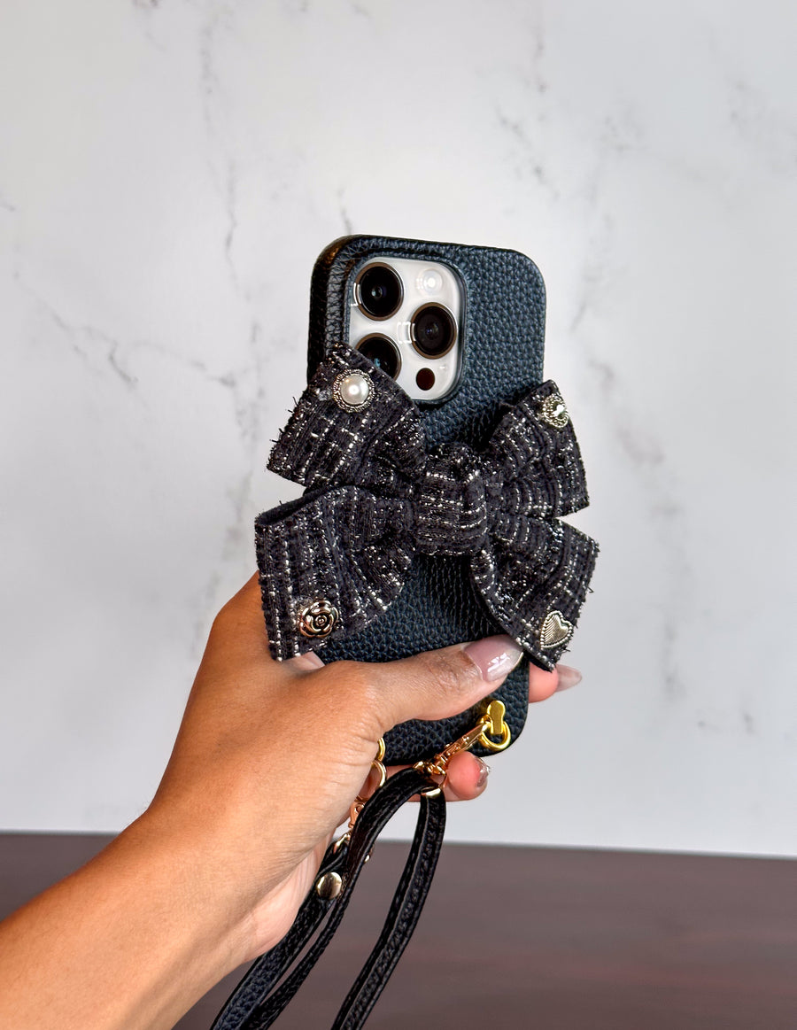 Leather Crossbody Tweed Bow Phone Case